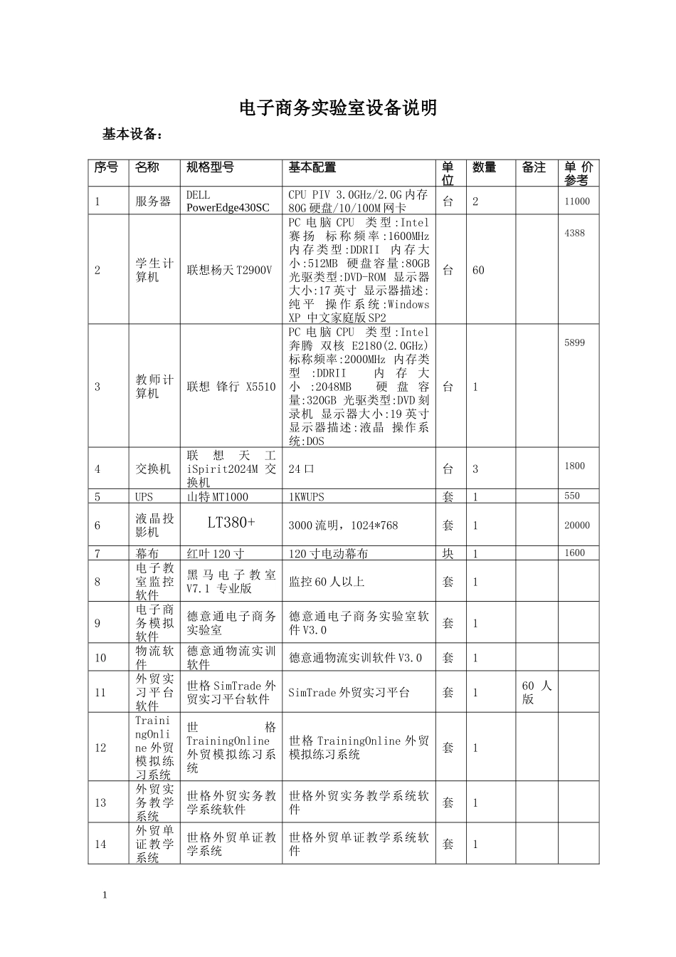 电子商务实验室设备说明_第1页