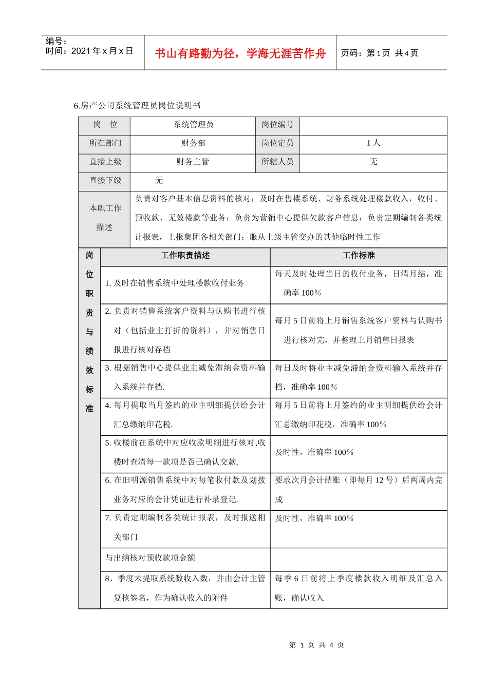 房产公司系统管理员岗位说明书_第1页