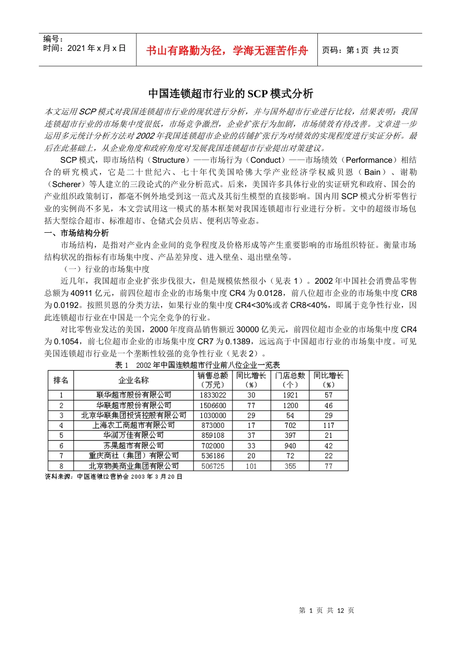 我国连锁超市行业的SCP模式分析_第1页