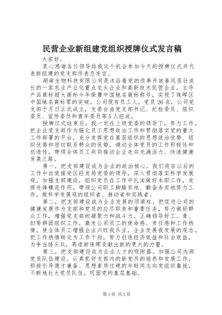 民营企业新组建党组织授牌仪式发言