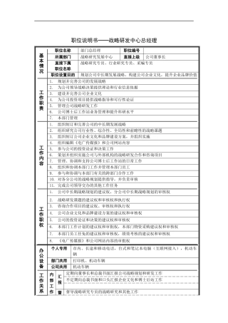战略研发中心总经理岗位说明书