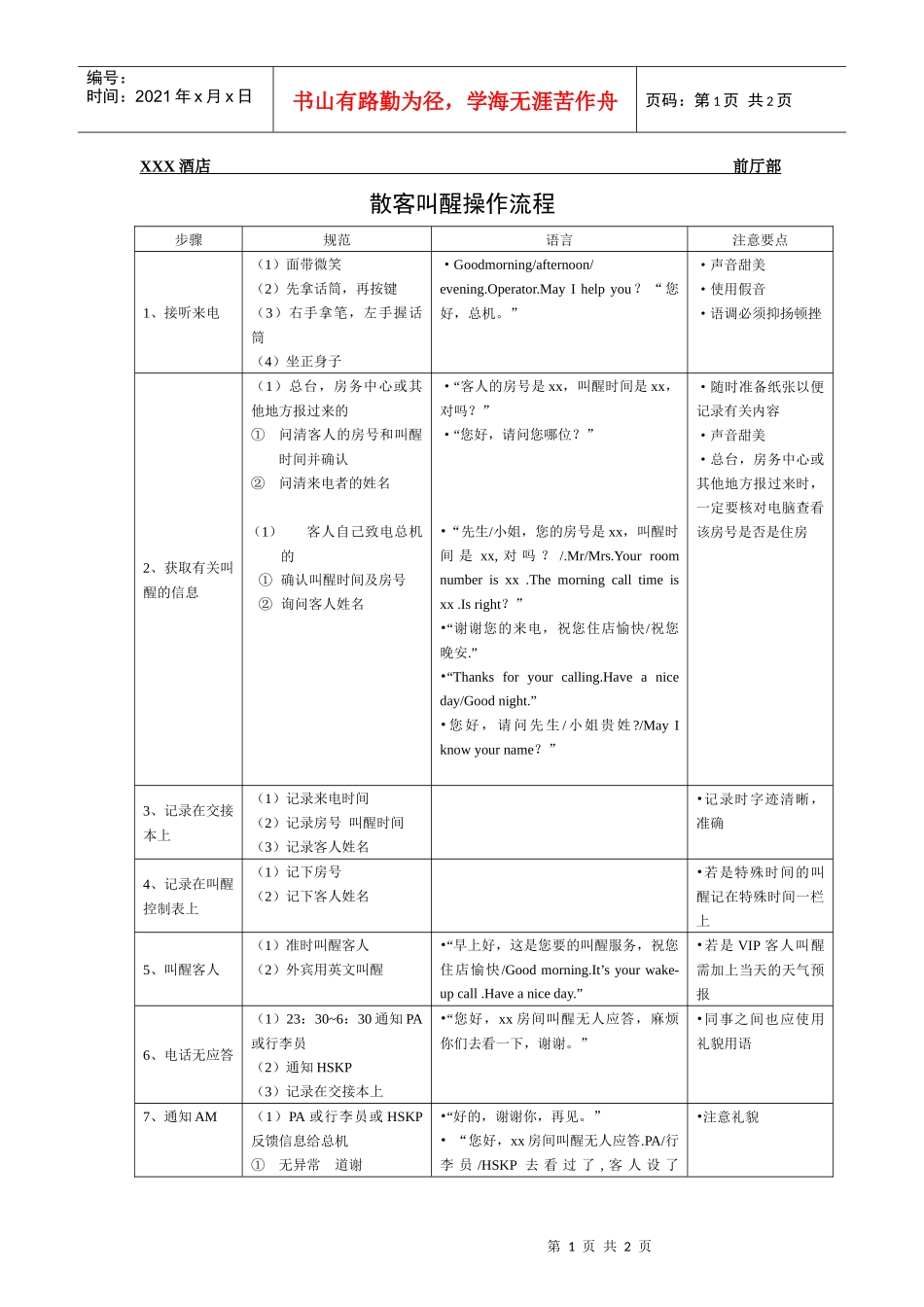 总台操作流程-散客叫醒操作流程_第1页
