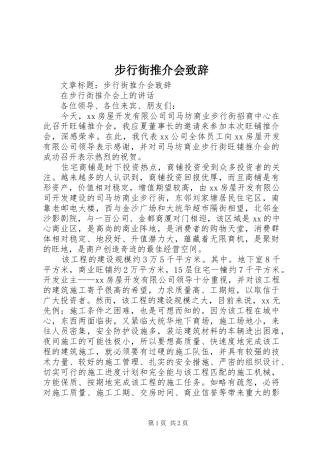 步行街推介会演讲致辞