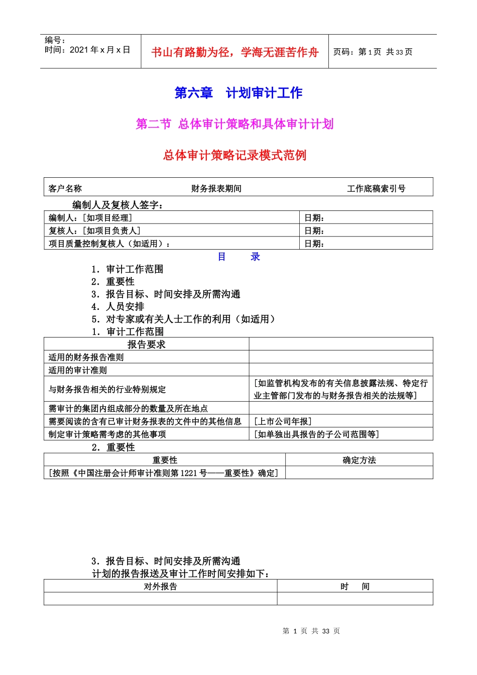 总体审计策略记录模式范例_第1页