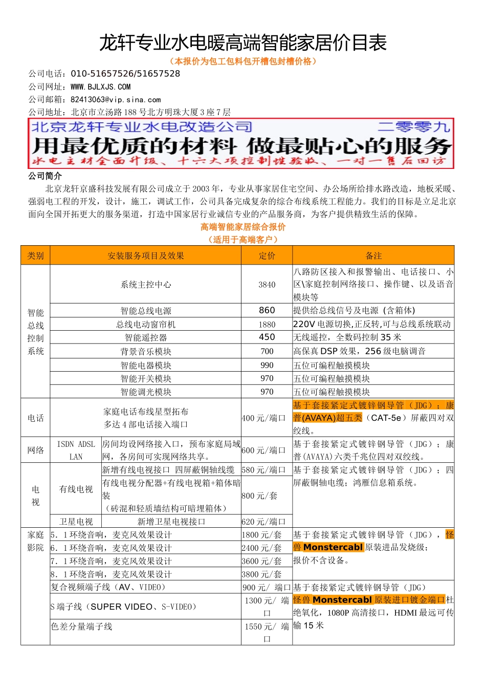 龙轩专业水电暖高端智能家居价目表_第1页