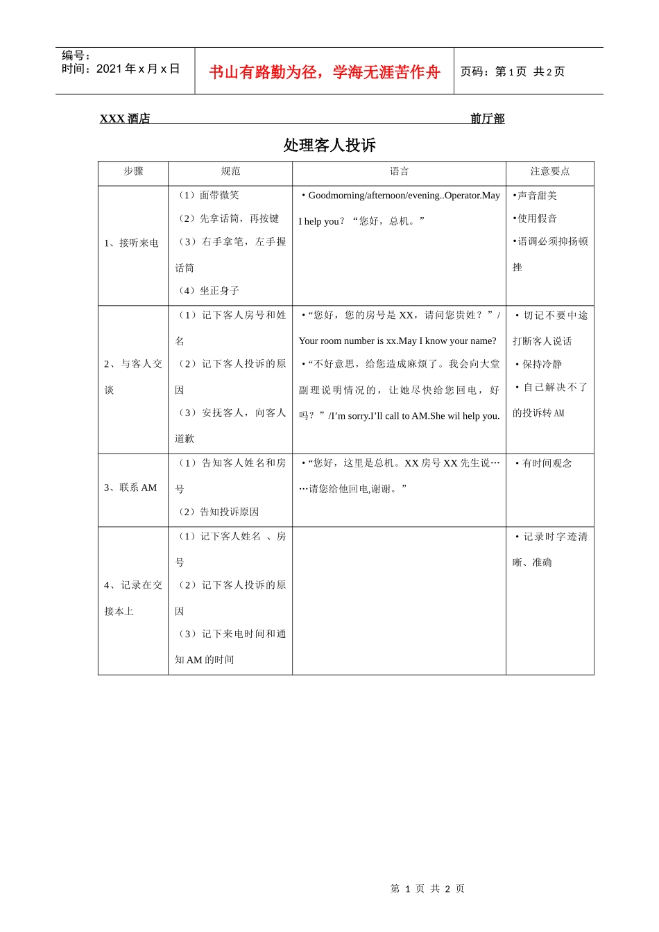 总台操作流程-处理客人投诉_第1页