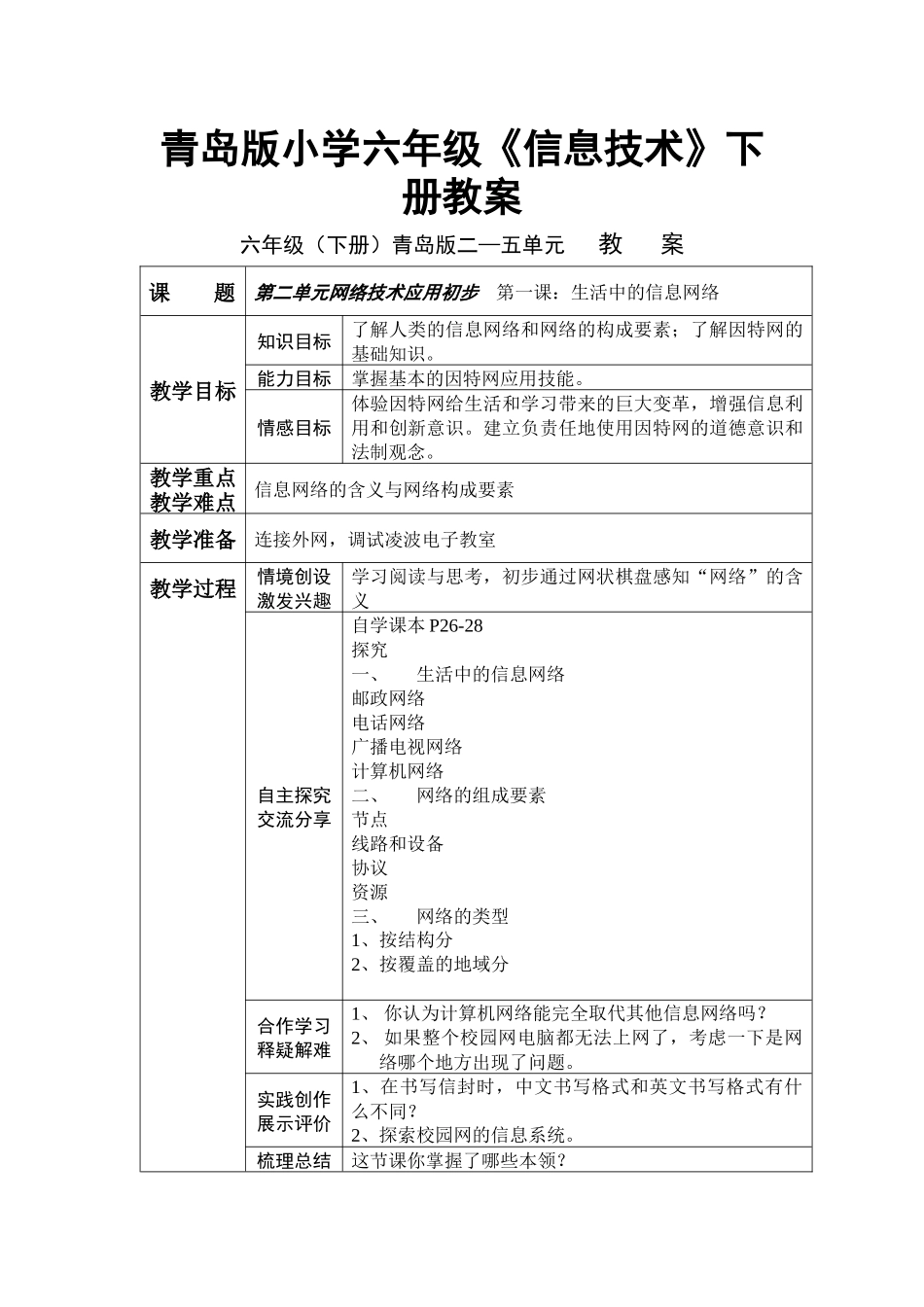青岛版小学六年级《信息技术》下册教案1_第1页