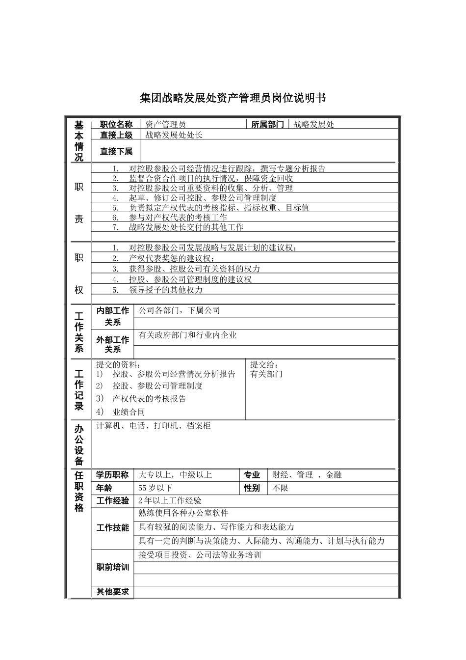 恒丰纸业集团战略发展处资产管理员岗位说明书_第1页