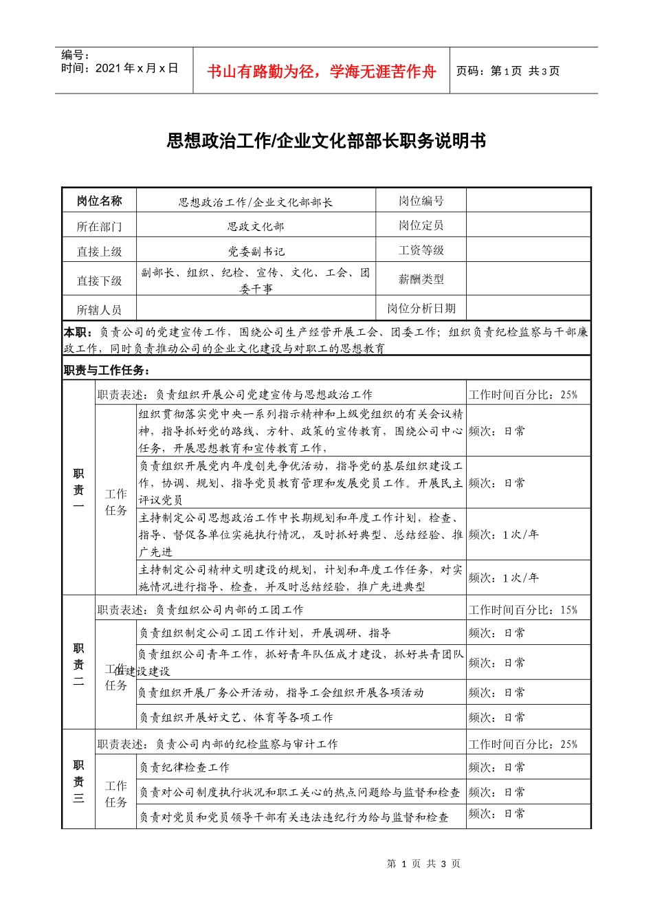 思想政治工作企业文化部部长职务说明书_第1页