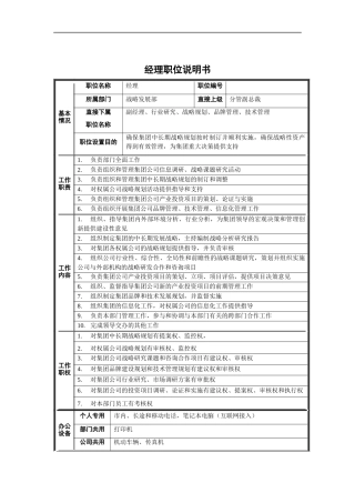 战略发展部经理职位说明书