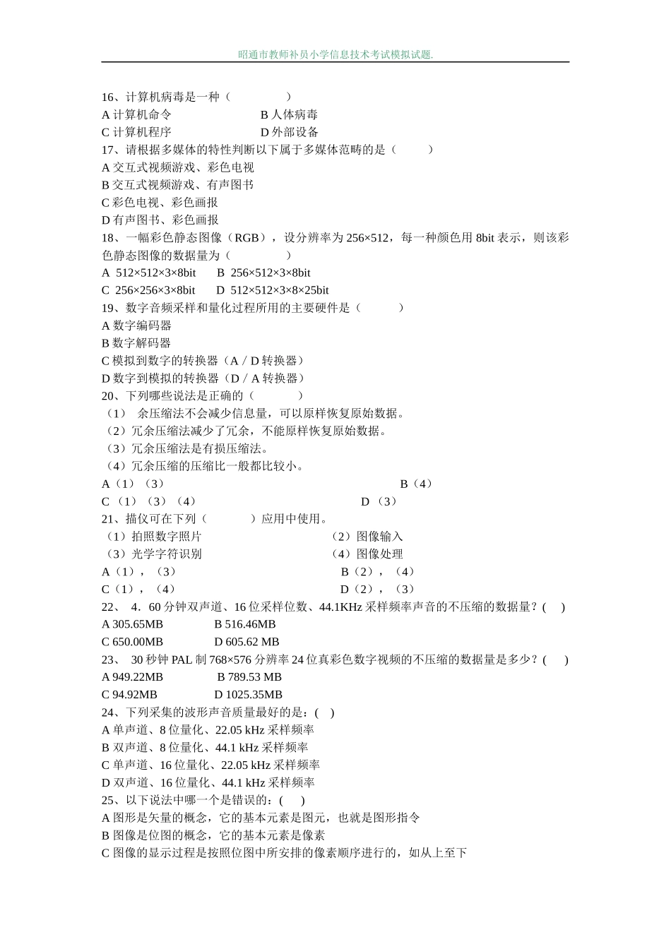 昭通市教师补员小学信息技术考试过关训练_第2页