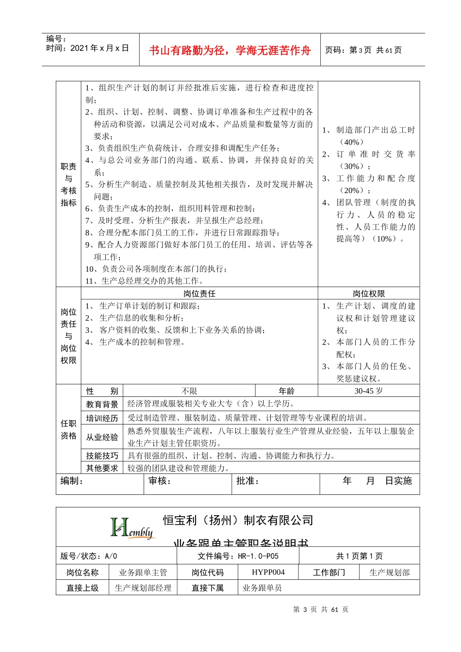 恒宝利制衣有限公司管理策划书生产系统岗位说明书-生产_第3页