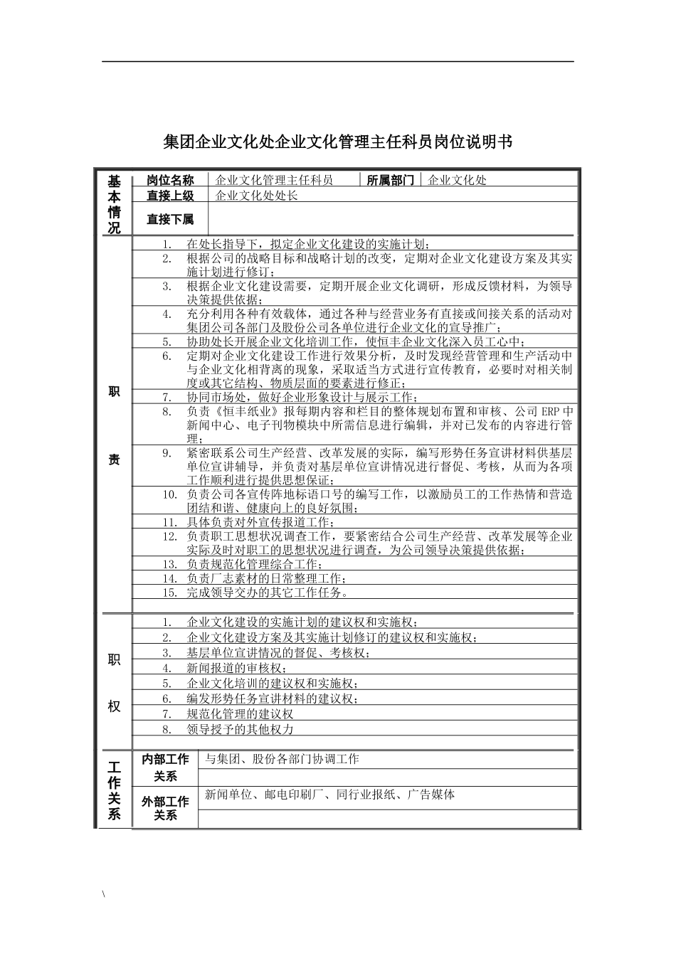 恒丰纸业集团企业文化处企业文化管理主任科员岗位说明书_第1页