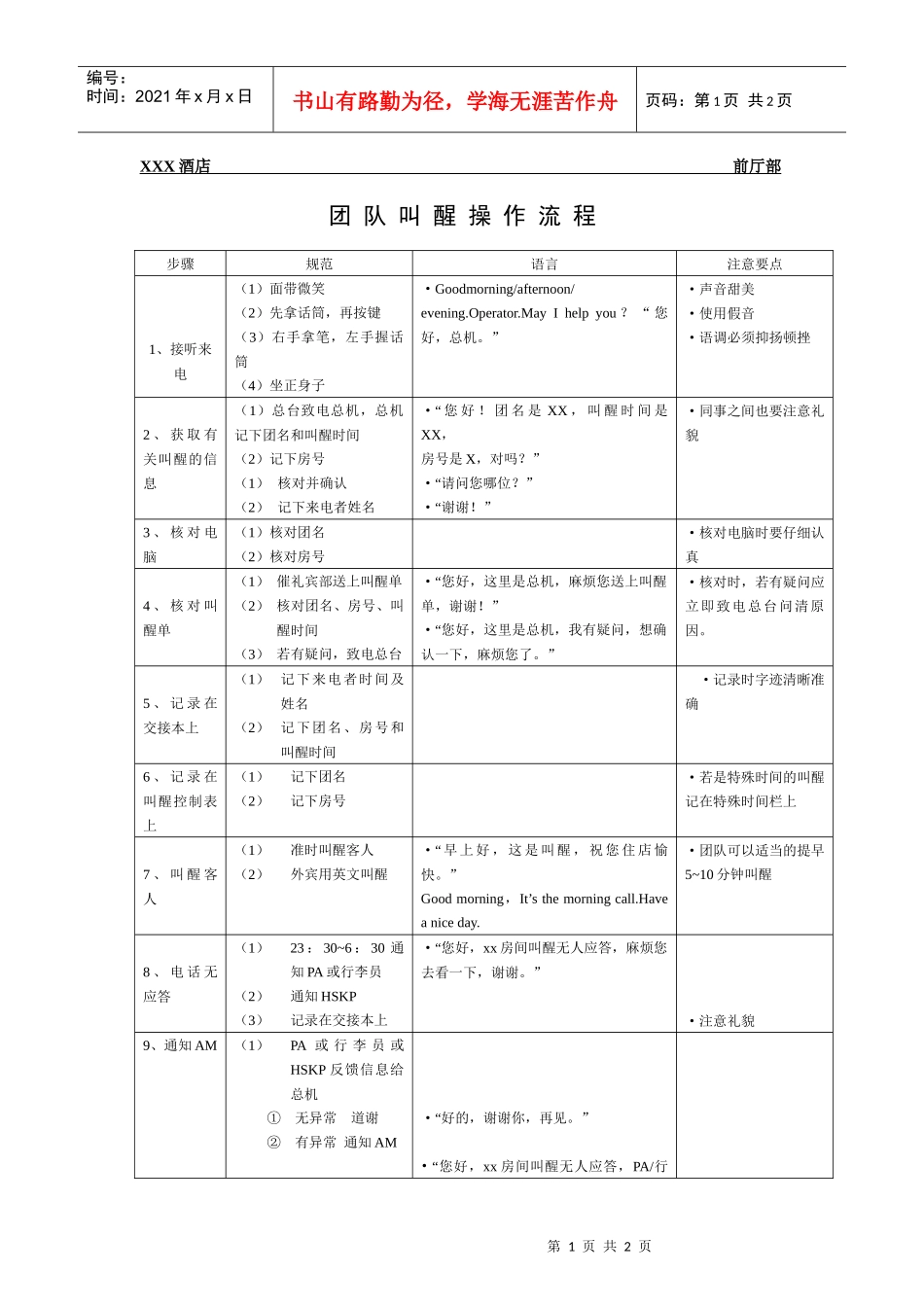 总台操作流程-团队叫醒操作流程_第1页
