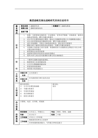 恒丰纸业集团战略发展处战略研究员岗位说明书