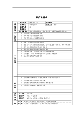 战略发展部_战略规划主管_岗位说明书