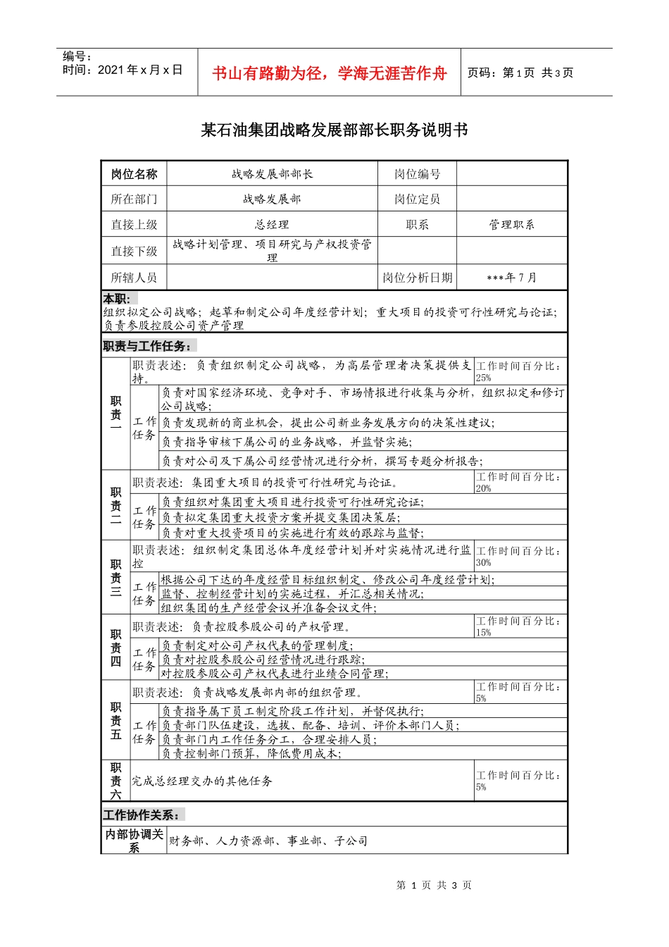 战略发展部部长职务说明书_第1页