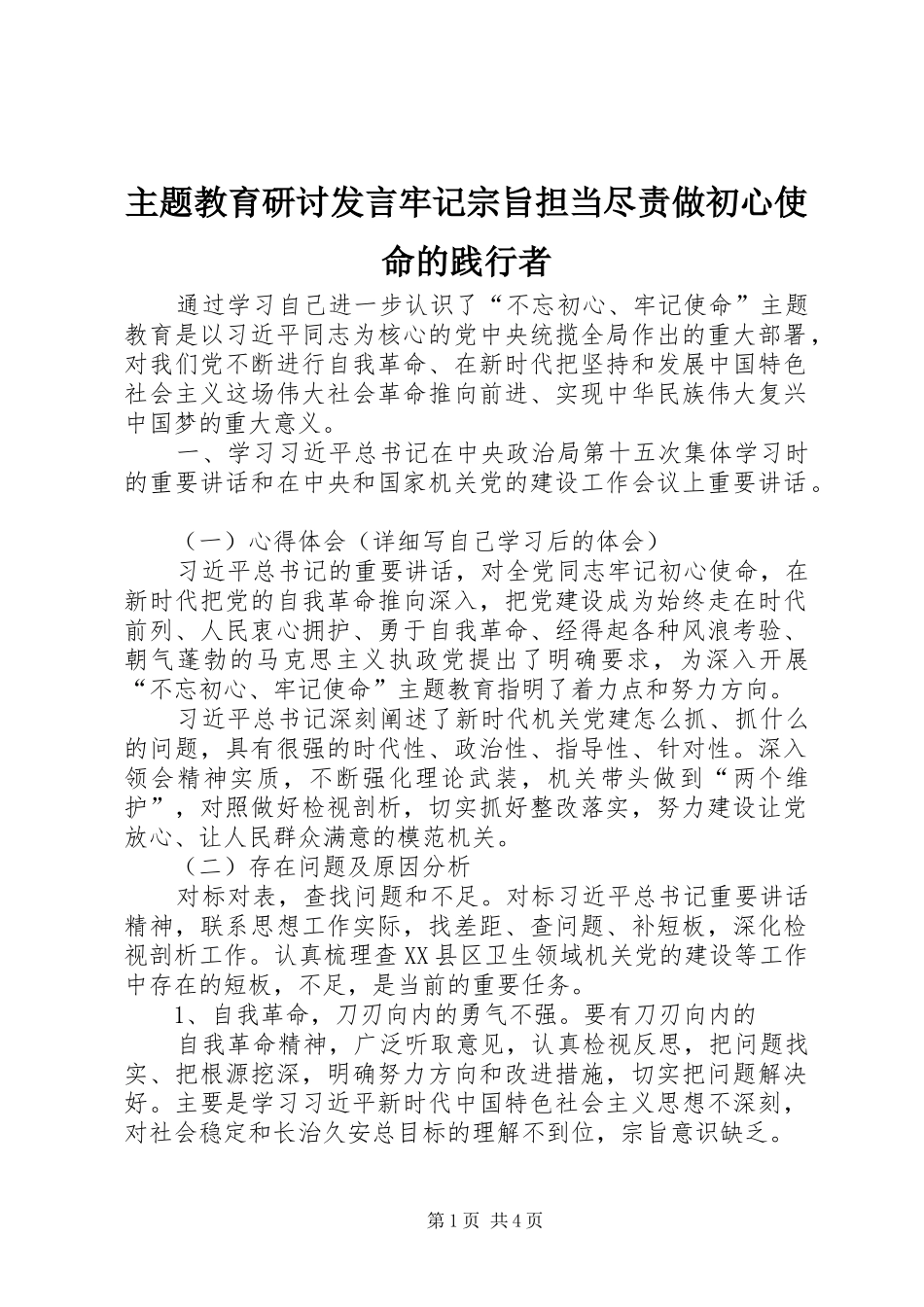 主题教育研讨发言稿牢记宗旨担当尽责做初心使命的践行者_第1页