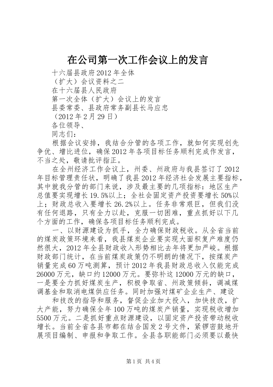 在公司第一次工作会议上的发言稿 (2)_第1页