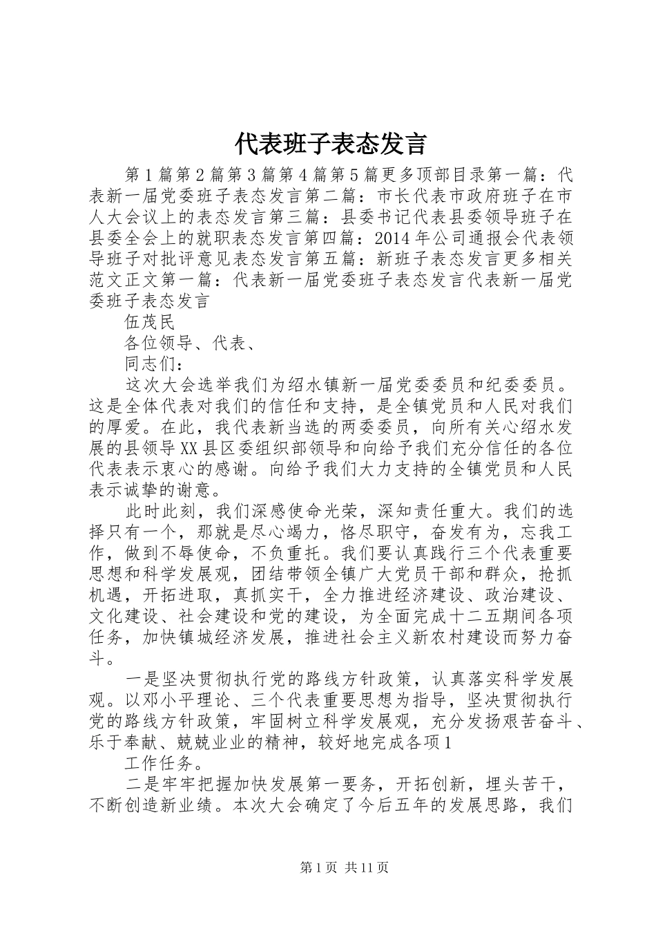 代表班子表态发言稿_第1页