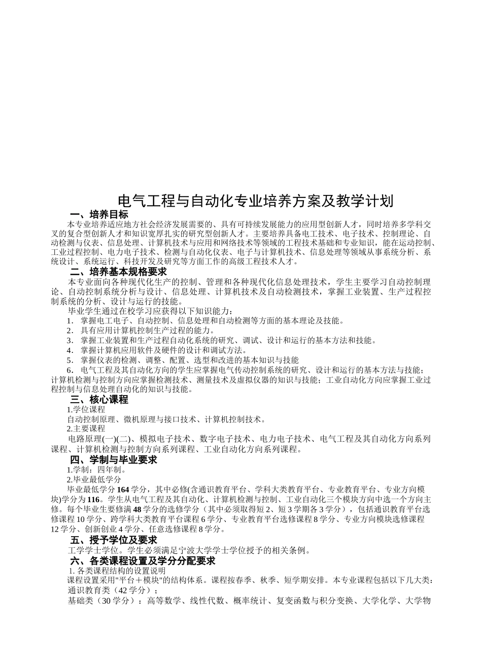 电气工程与自动化专业培养方案与教学计划_第1页