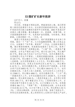 XX煤矿矿长新年演讲致辞