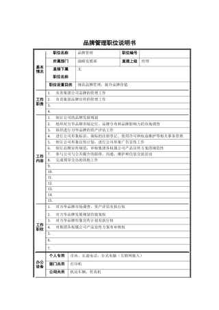 战略发展部-品牌管理职位说明书