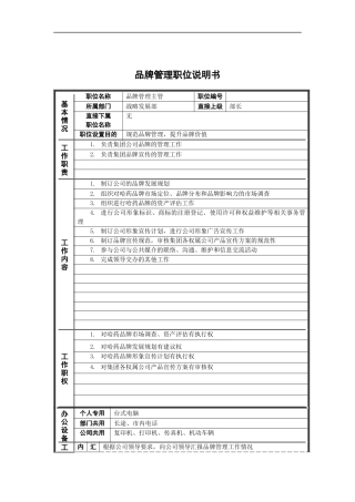 战略发展部_品牌管理主管_岗位说明书