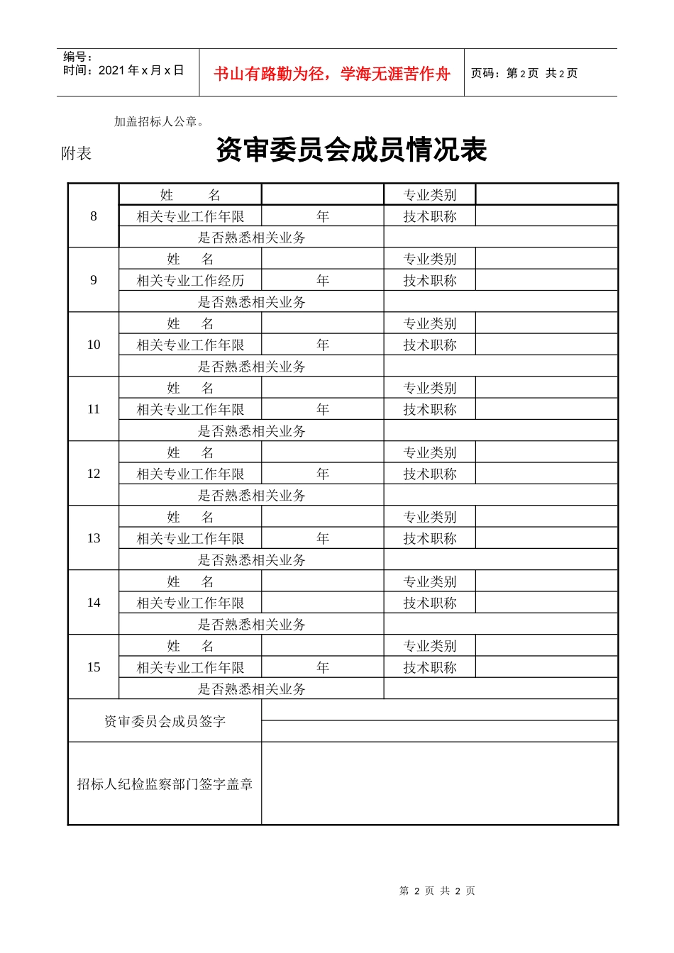 投标资格预审资审委员会成员情况表_第2页