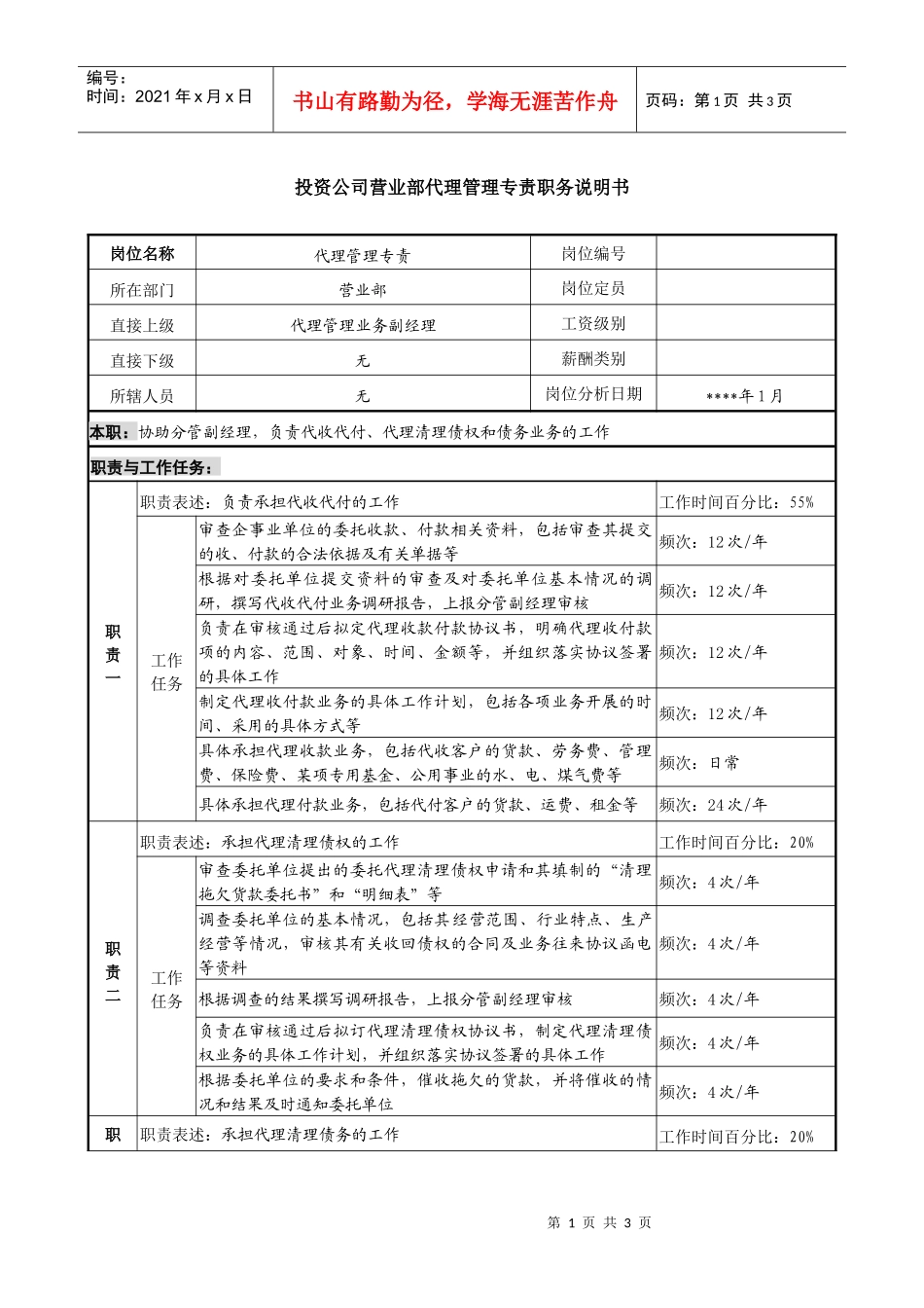 投资公司营业部代理管理专责职务说明书_第1页