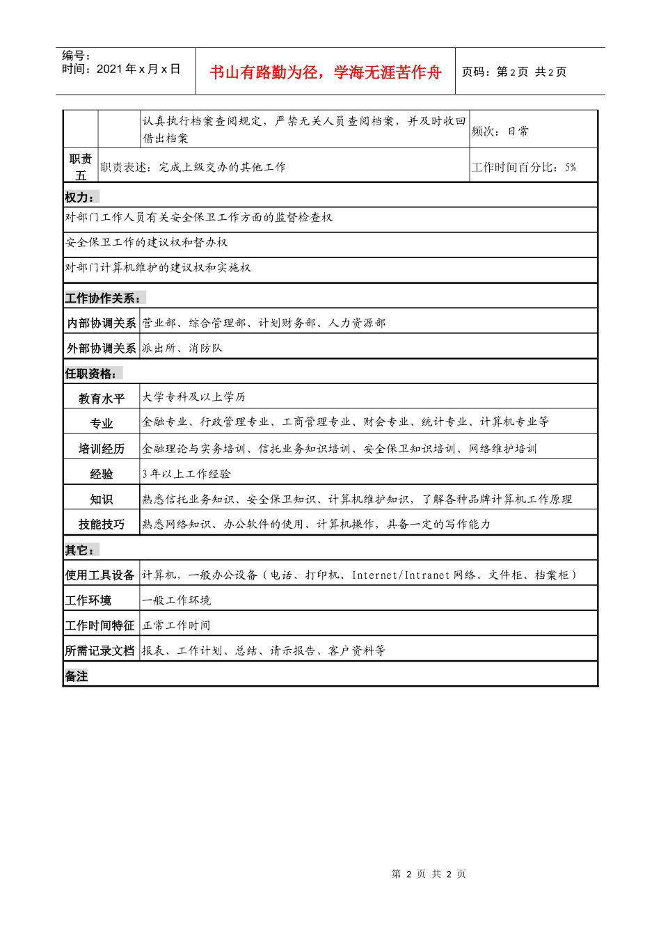 投资公司个人信托部综合管理专责职务说明书_第2页