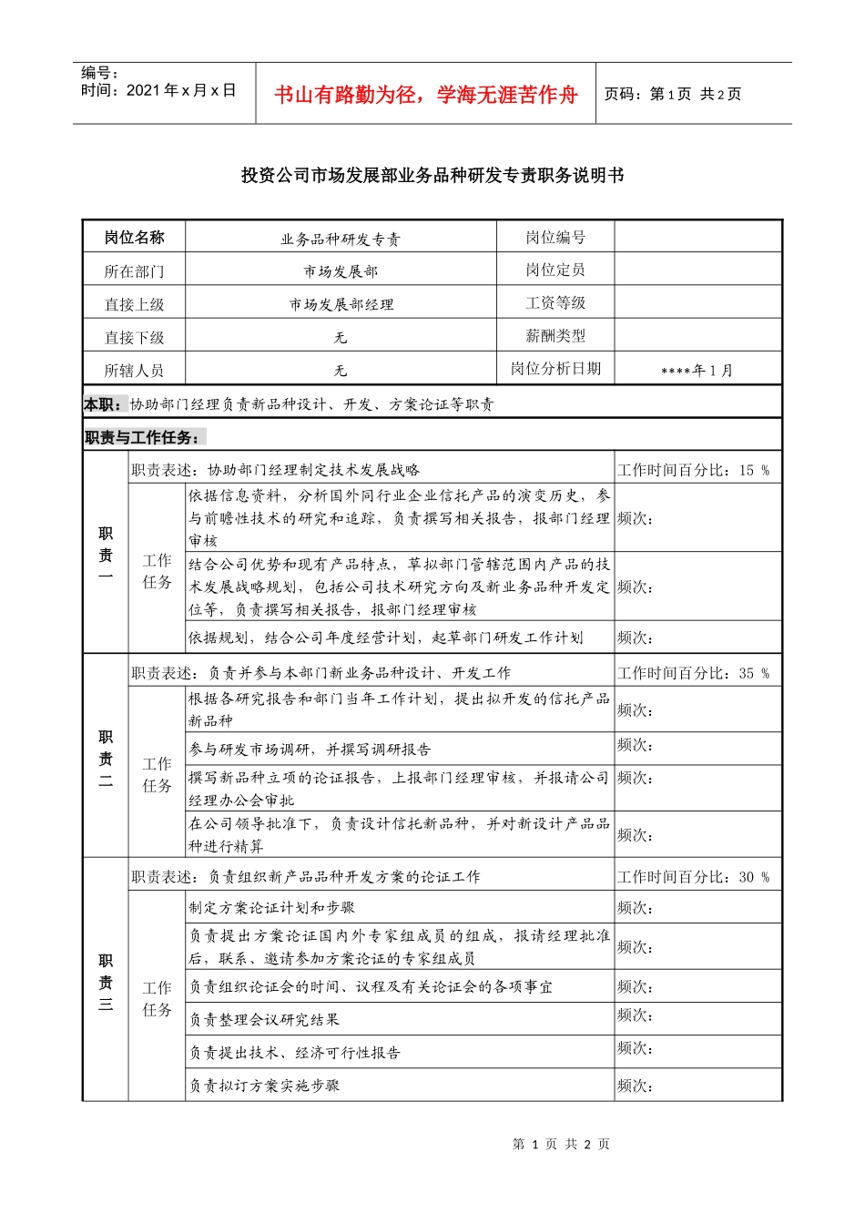 投资公司市场发展部业务品种研发专责职务说明书_第1页