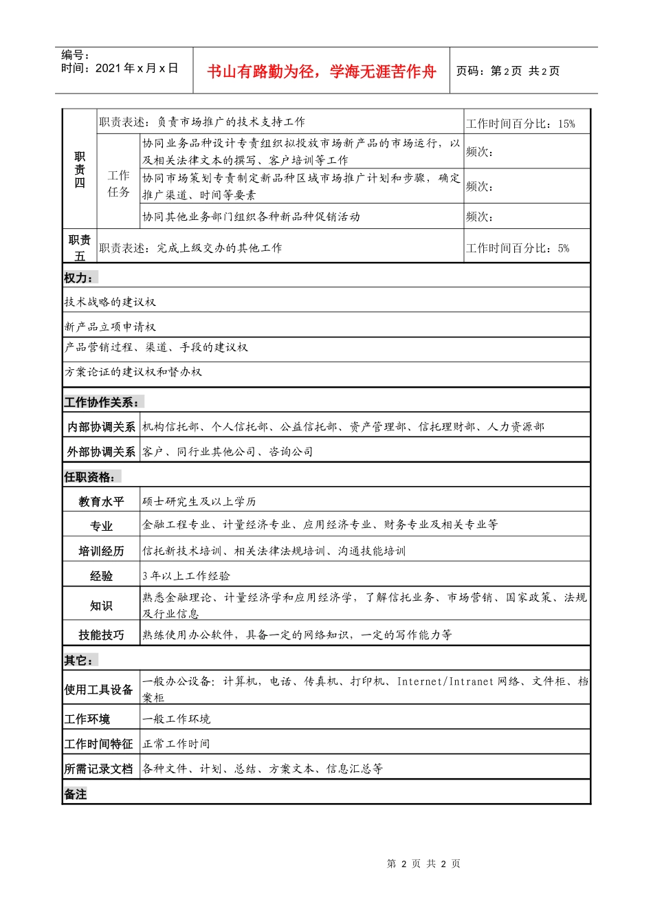 投资公司市场发展部业务品种研发专责职务说明书_第2页