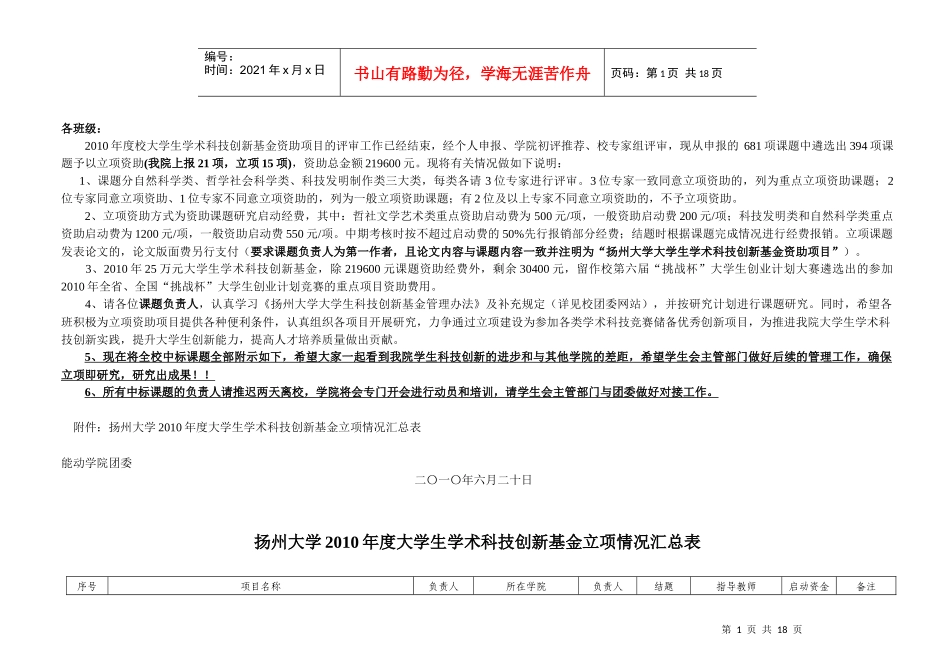 扬州大学XXXX年度大学生学术科技创新基金立项情况汇总表_第1页