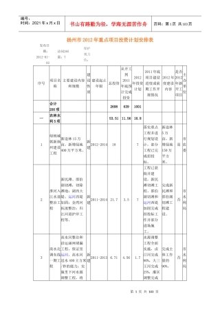 扬州市XXXX年重点项目投机计划安排表