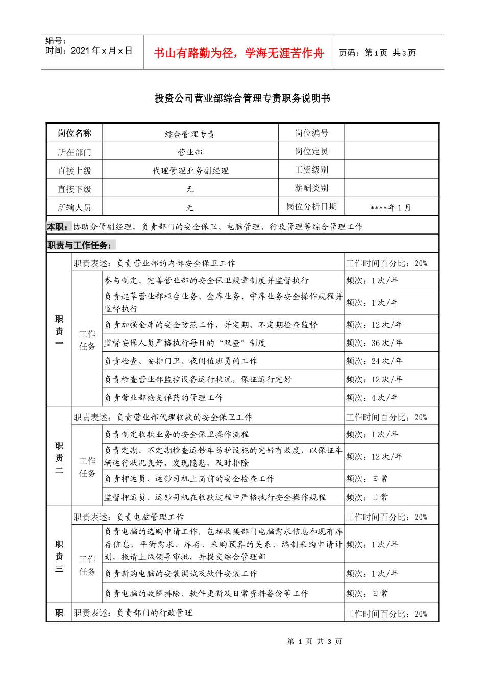 投资公司营业部综合管理专责职务说明书_第1页