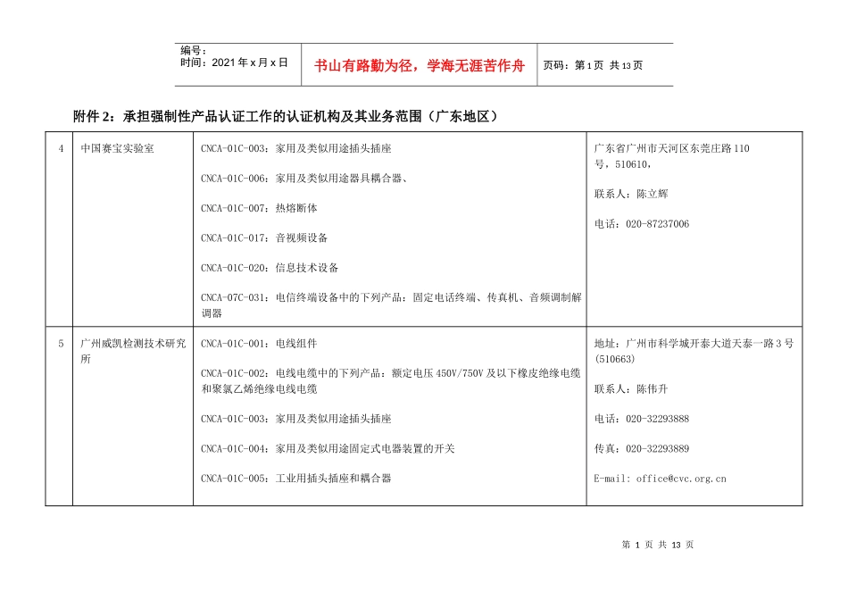 承担强制性产品认证检测任务的实验室及其业务范围（广东地区）（_第1页