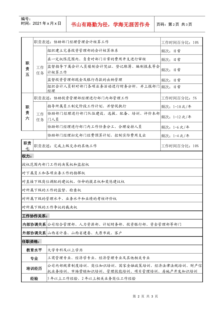 投资公司投资管理副经理职务说明书_第2页