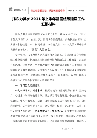 托布力其乡XXXX年上半年基层组织建设工作汇报材料