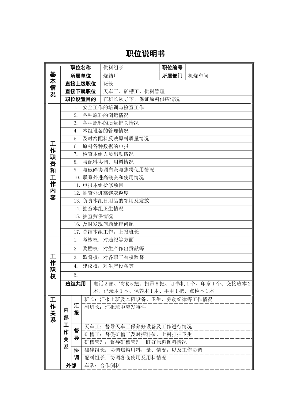 烧结厂供料组长岗位说明书_第1页