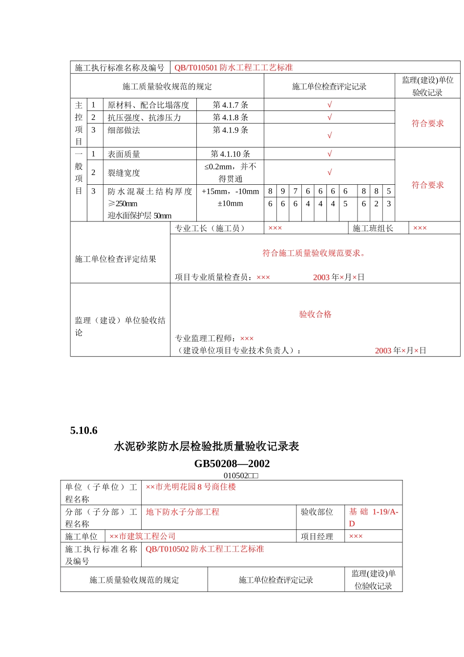 有用资料之防水工程检验批填写范例_第2页