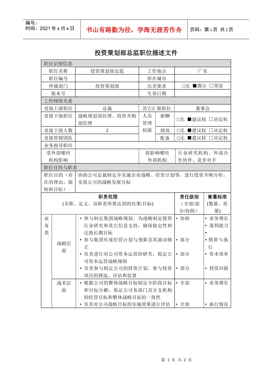 投资策划部总监岗位说明书_第1页