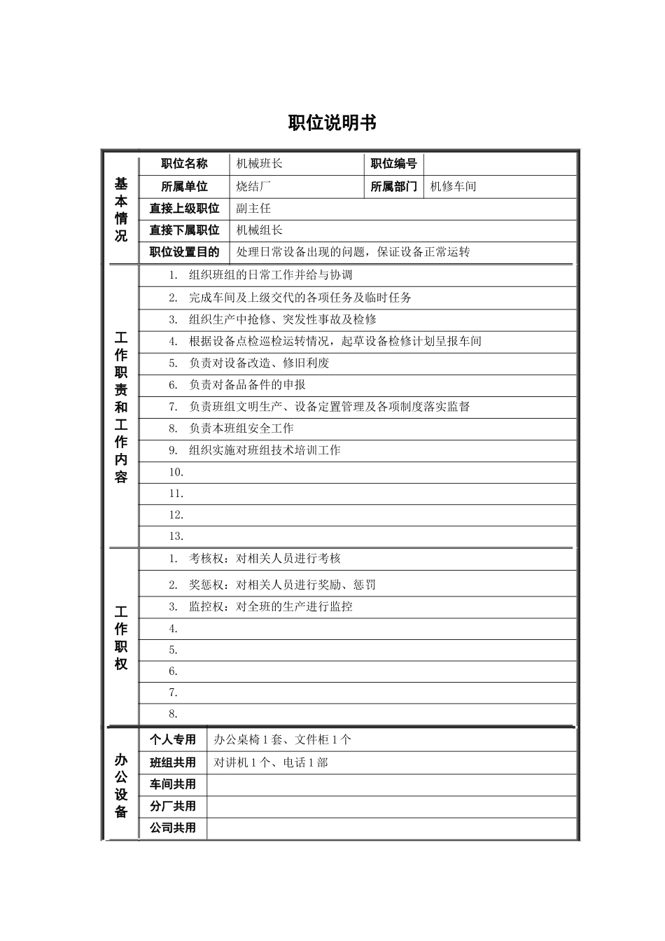 烧结厂机械班长 岗位说明书_第1页