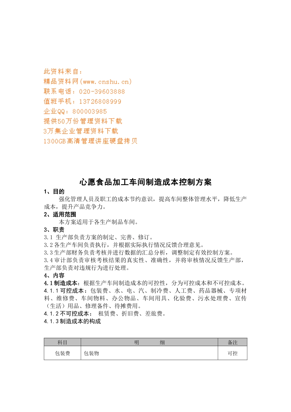 心愿食品加工车间制造成本控制方案解析_第1页