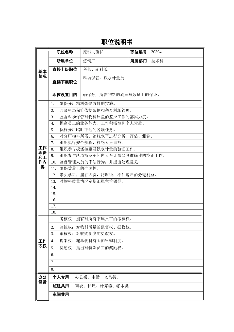 原料大班长职位说明书_第1页