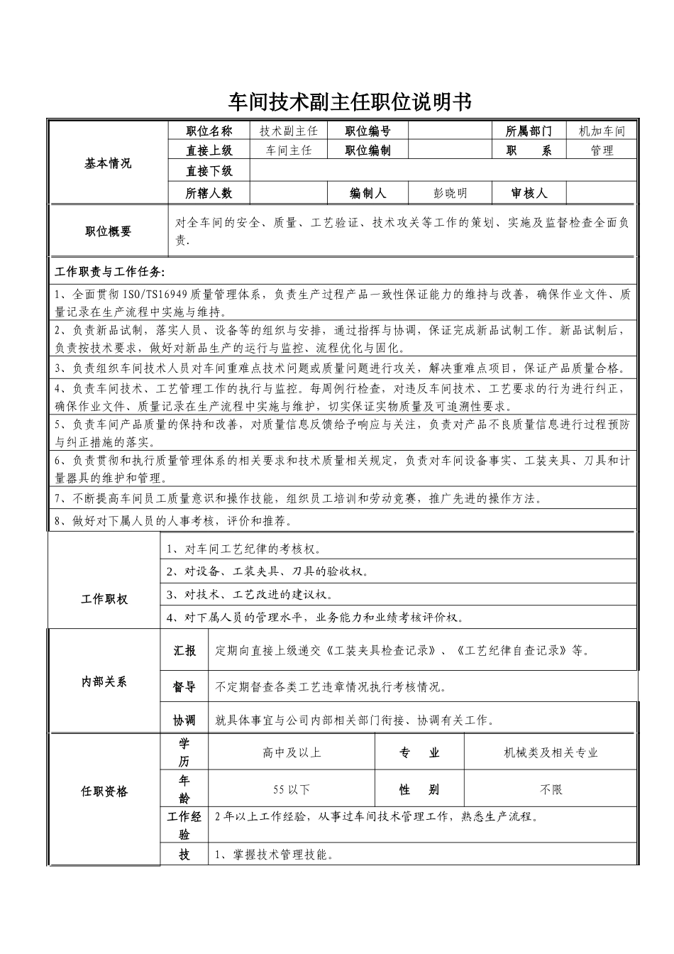 车间技术副主任职位说明书_第1页