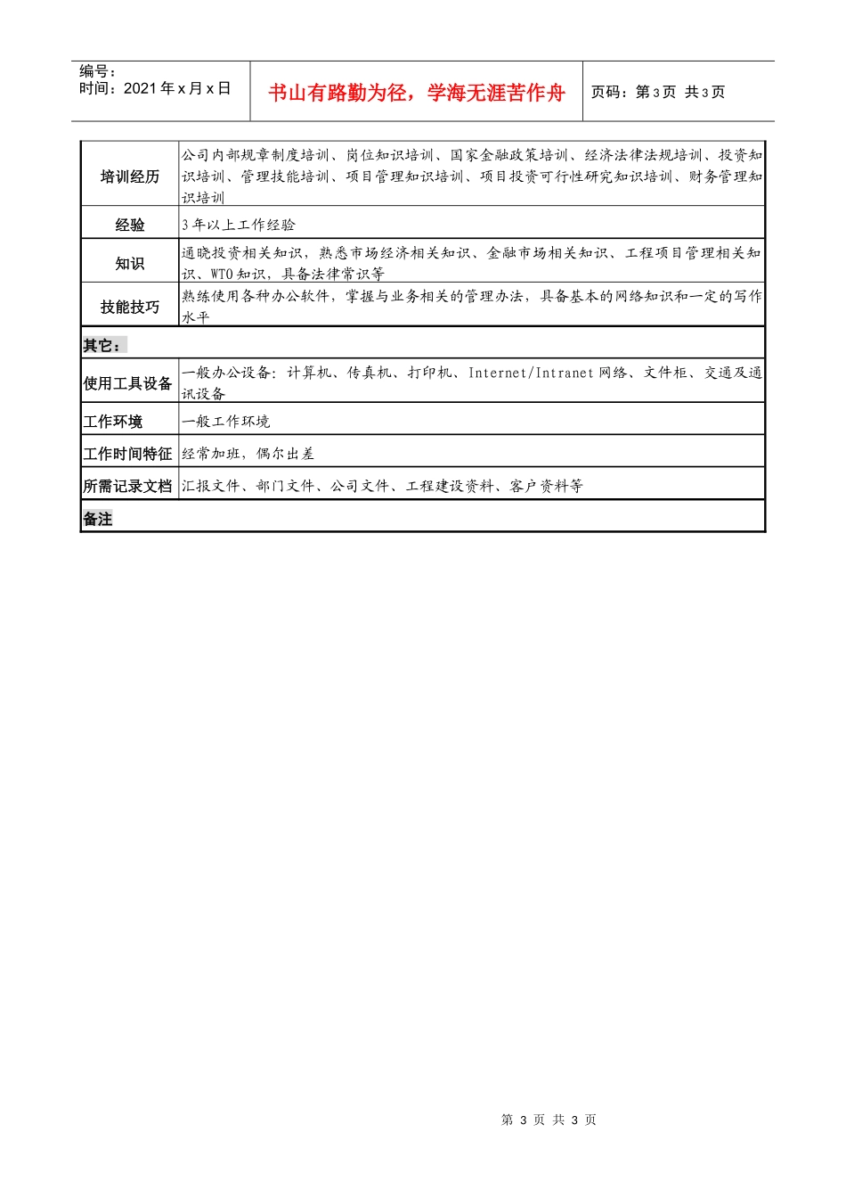 投资公司投资管理部投资管理专责职务说明书_第3页