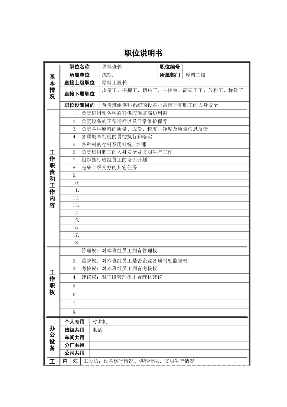 原料工段供料班长岗位说明书_第1页