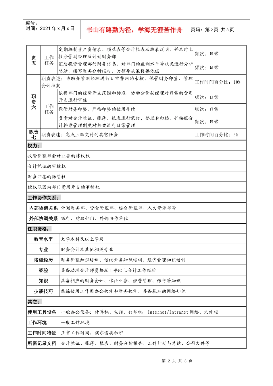 投资公司投资管理部会计职务说明书_第2页