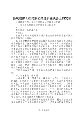 县统战部长在民族团结进步座谈会上的发言稿 (2)